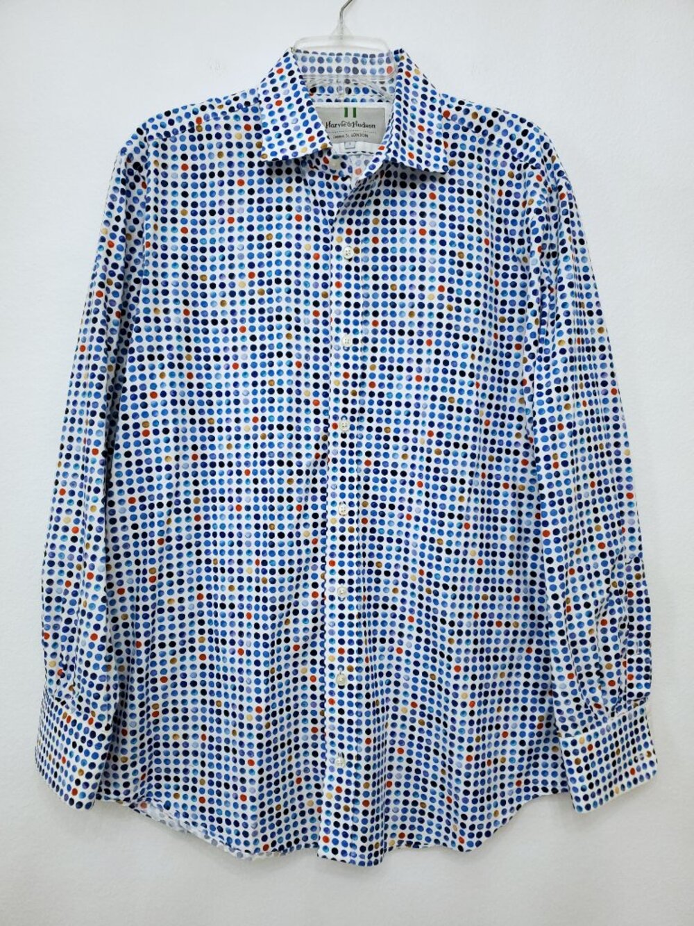Harvie & Hudson Men's Polka Dots Long Sleeve Button Down Shirt Classic Large